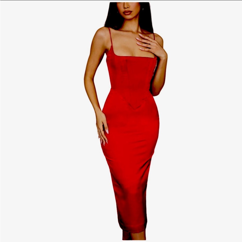 House of CB XS Anais Scarlet Satin Corset Midi Dress Party Cocktail